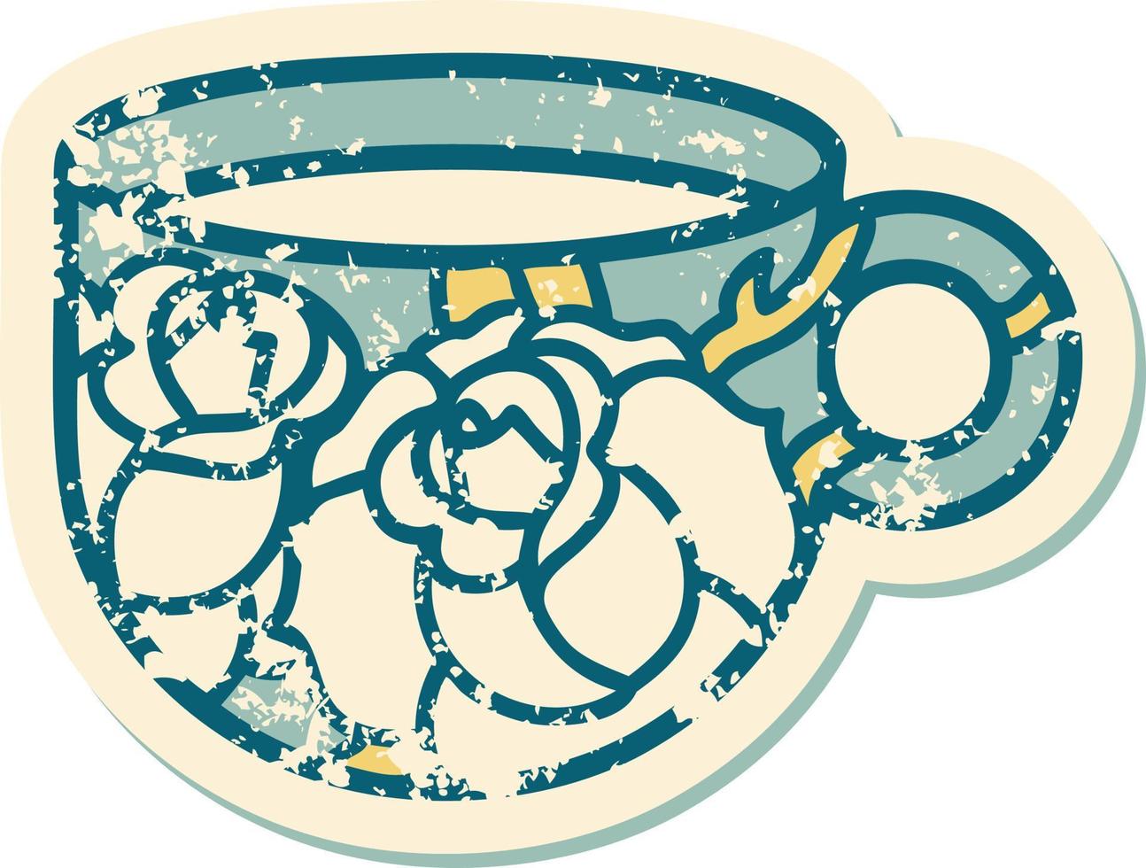 iconic distressed sticker tattoo style image of a cup and flowers vector