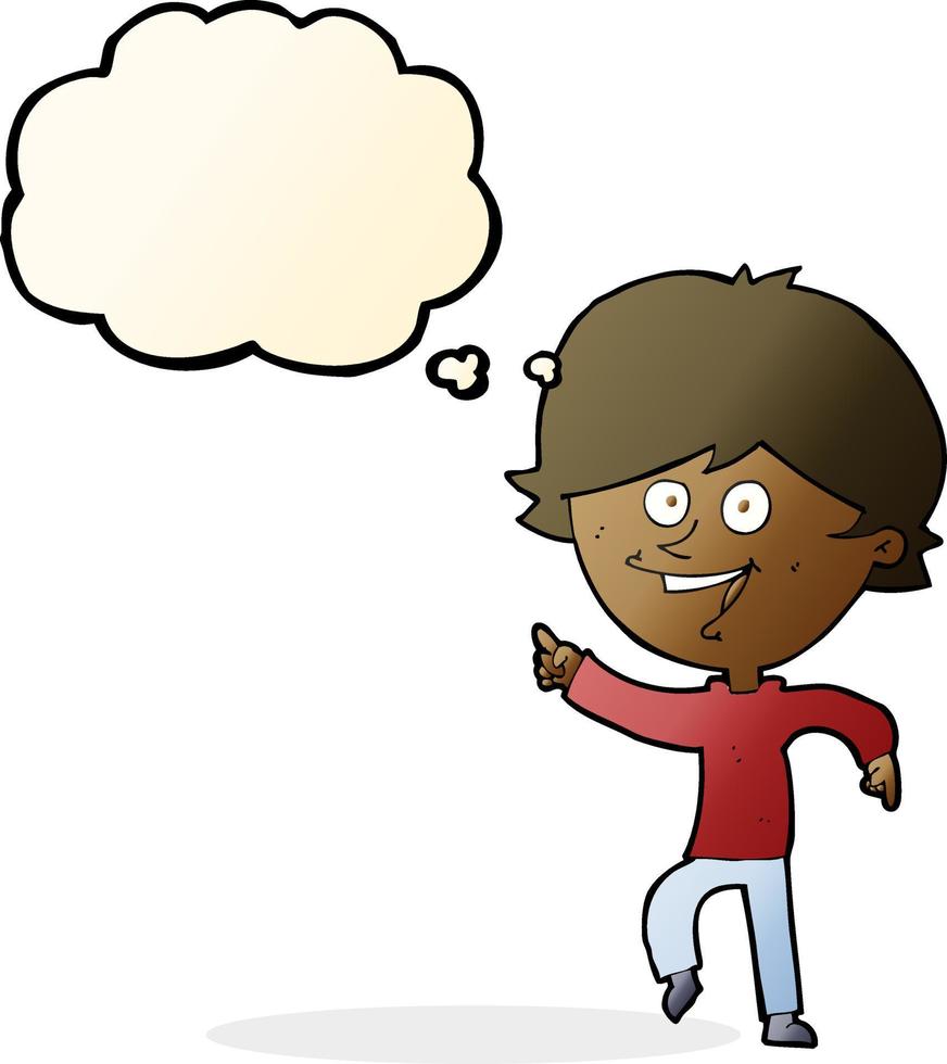 cartoon happy pointing man with thought bubble vector