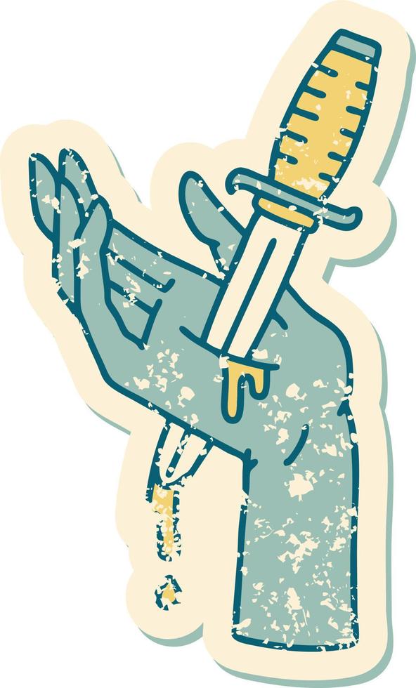 iconic distressed sticker tattoo style image of a dagger in the hand vector