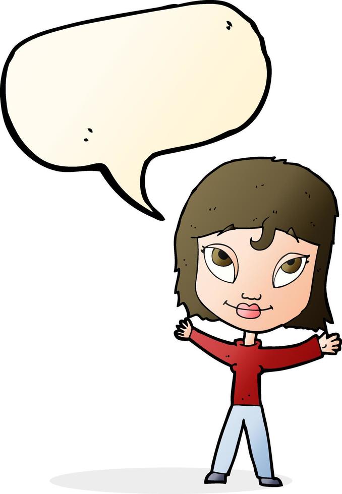 cartoon happy woman waving arms with speech bubble vector