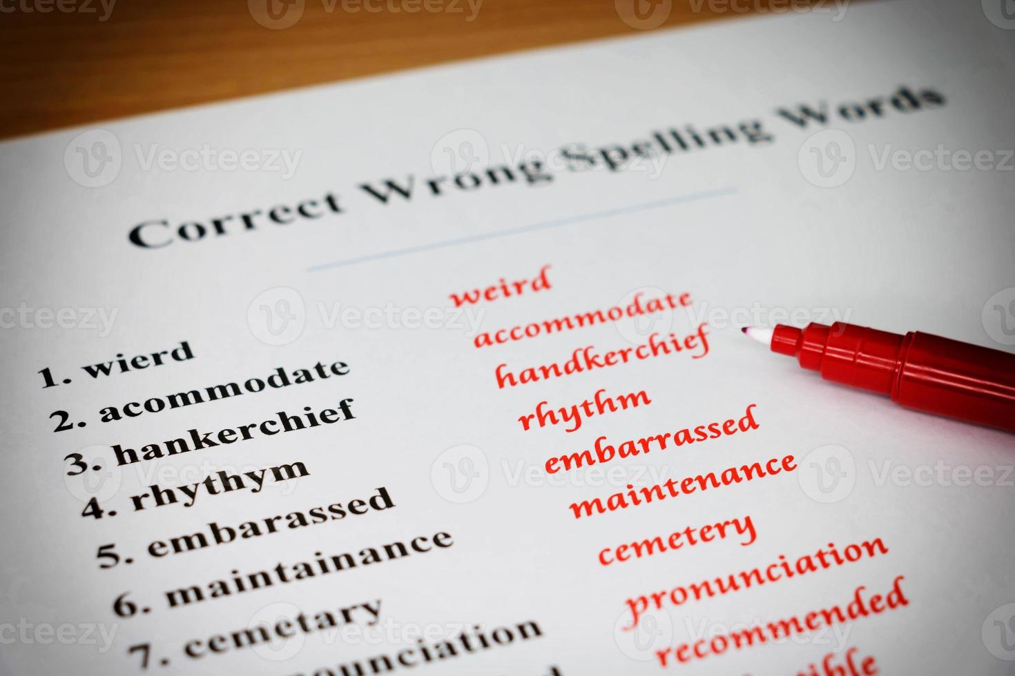 spelling sheet on table photo