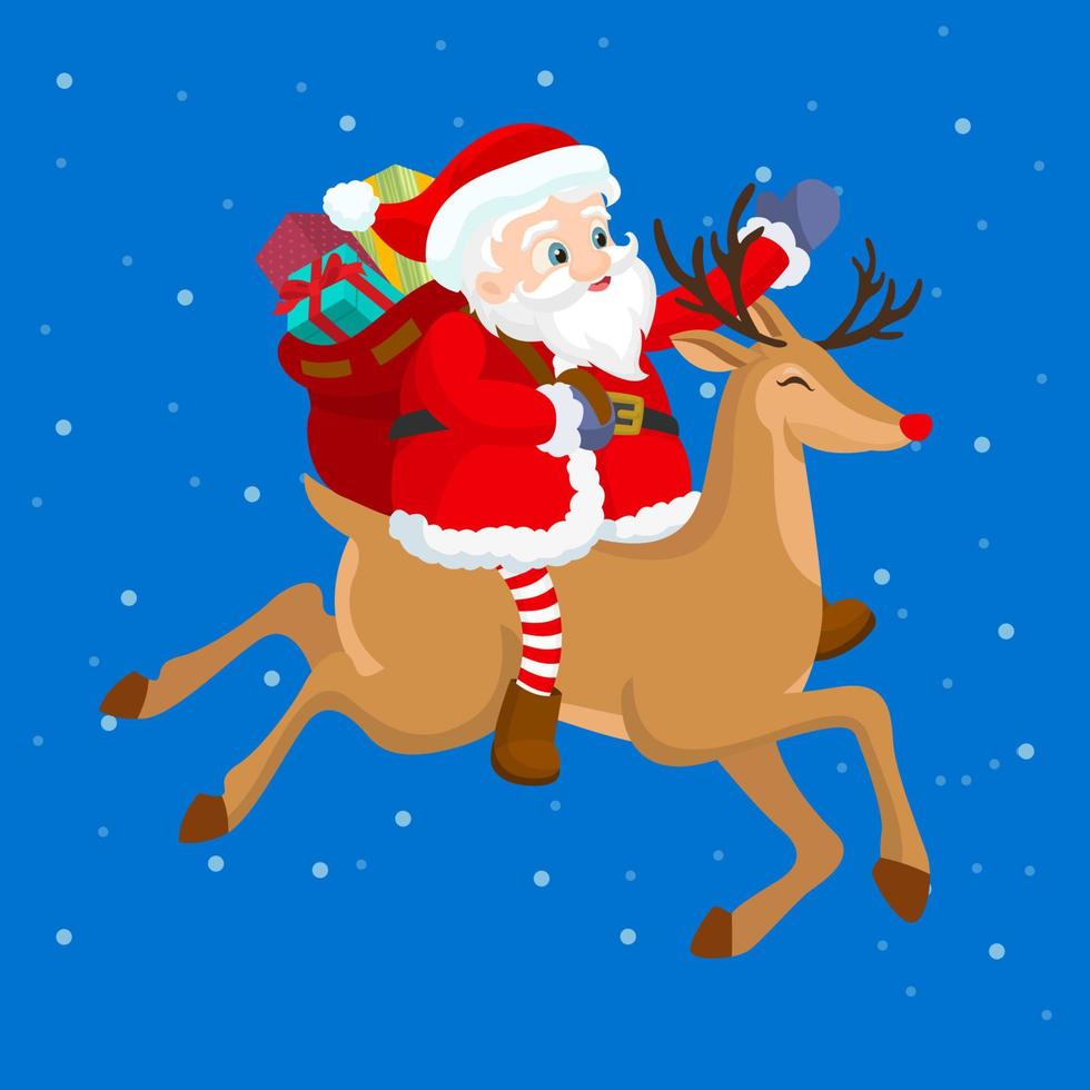 Reindeer pulling Santa Claus, christmas celebration vector