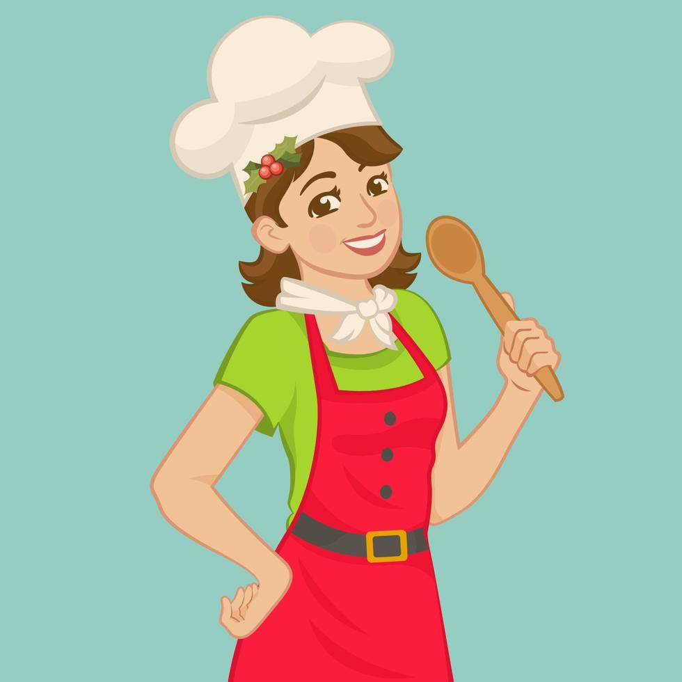 mujer de navidad horneando con sombrero de chef y delantal vector