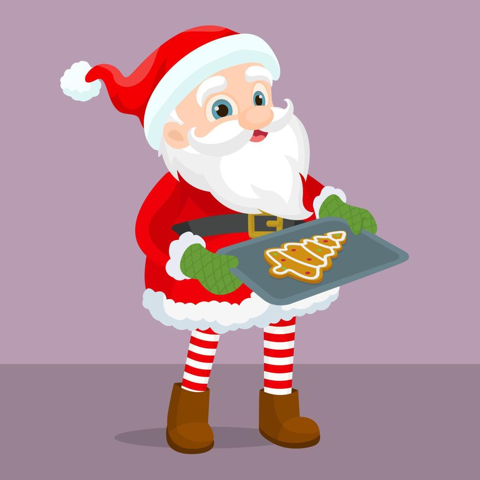 santa claus sosteniendo una bandeja para hornear con galletas en forma de árbol de navidad vector