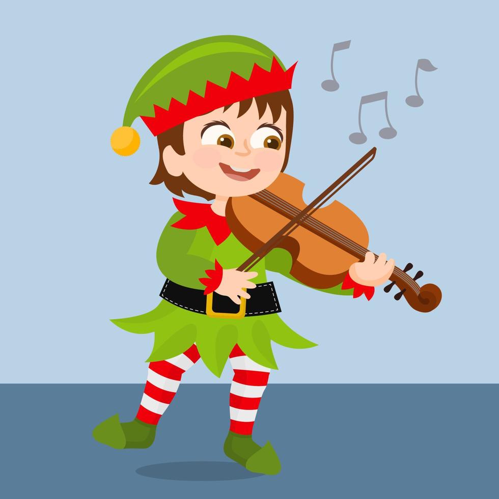 duende de niños felices tocando música navideña vector