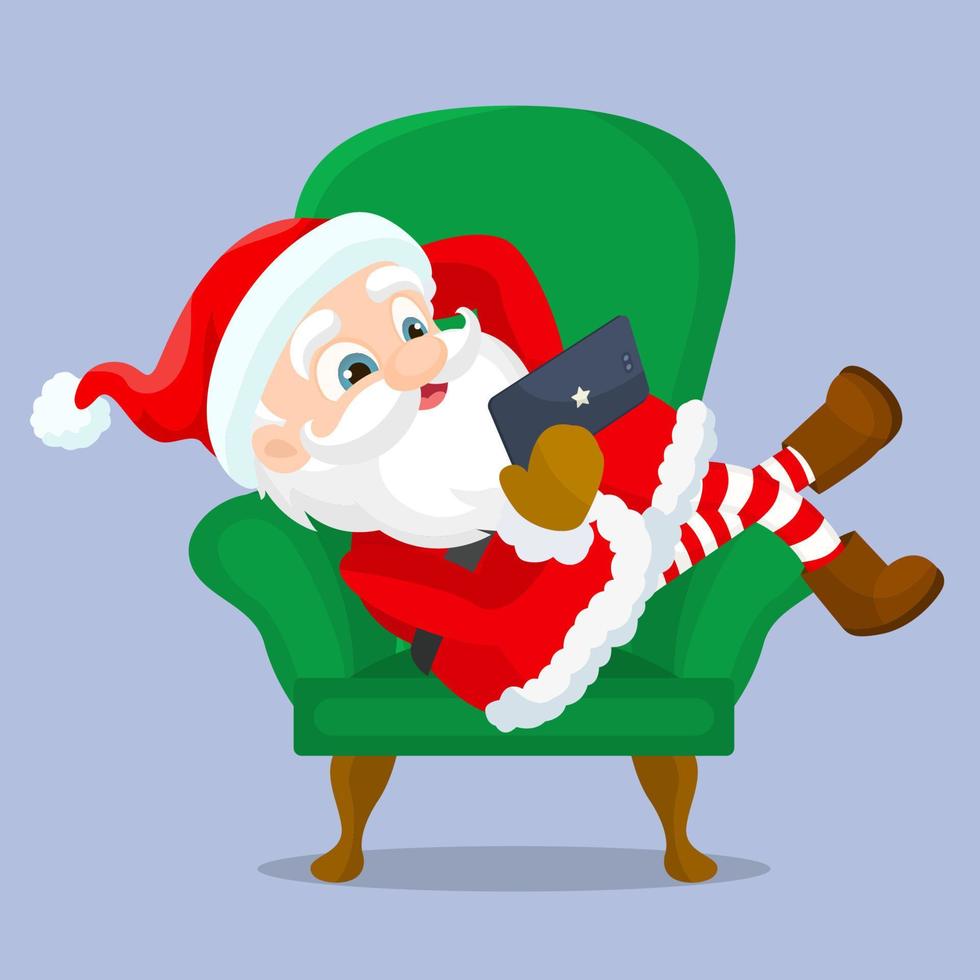 San claus using mobile app on smartphone having fun vector