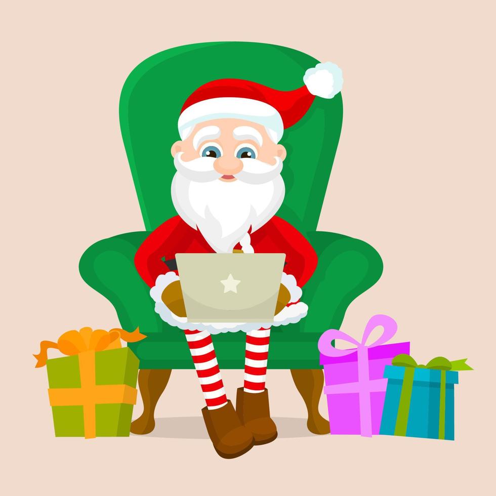 Santa Claus takes orders, checks mail or answering request via laptop vector