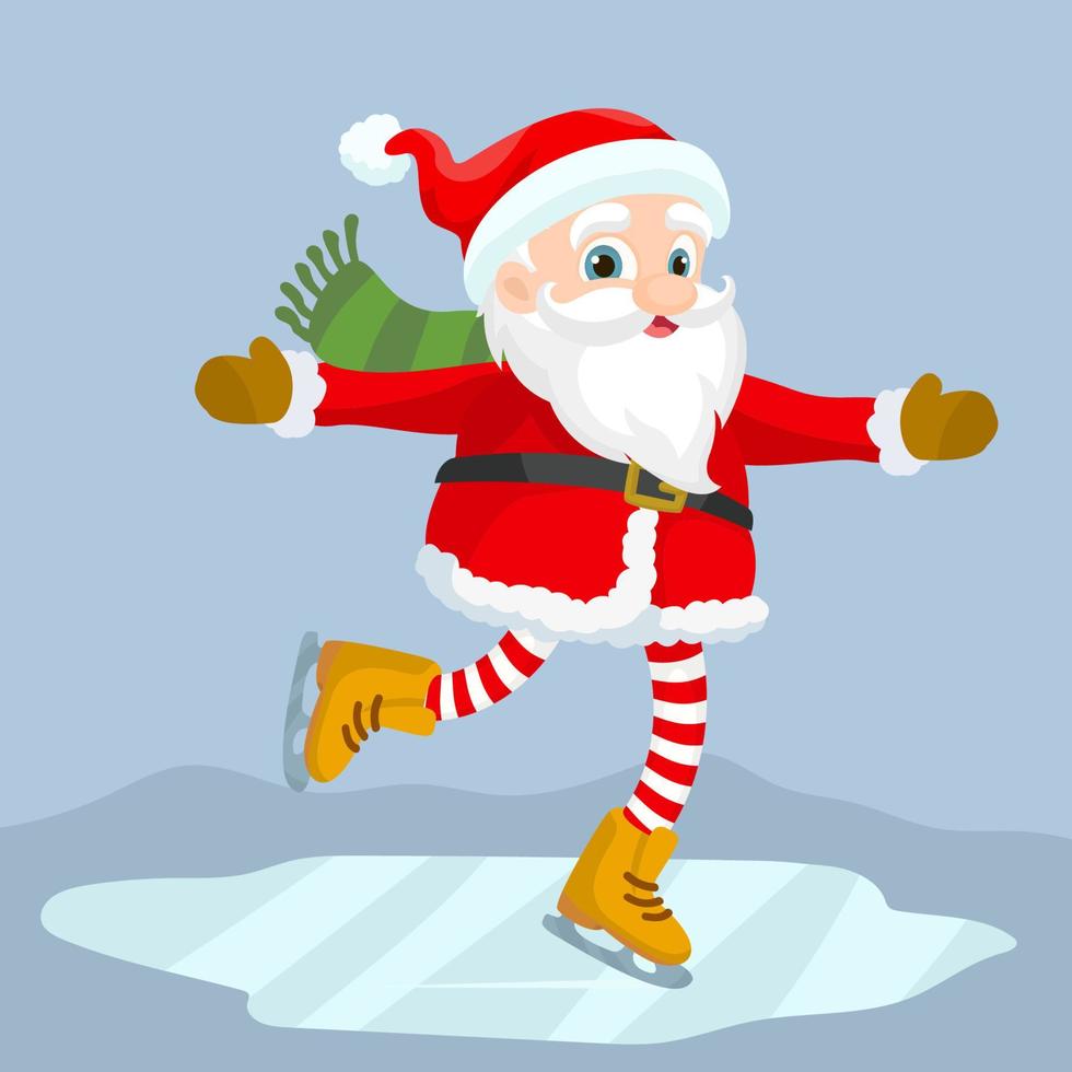 Santa Claus ice-skate, Merry Christmas greeting vector