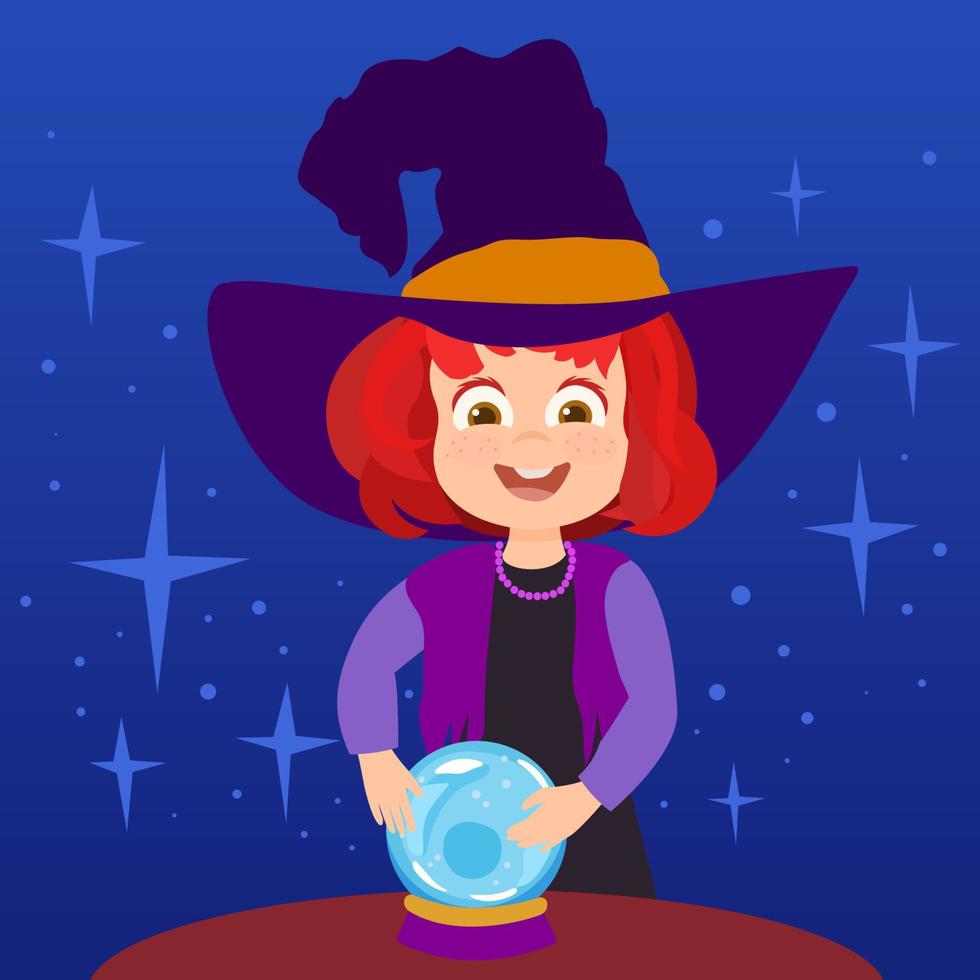 Little witch with crystal ball for halloween party vector