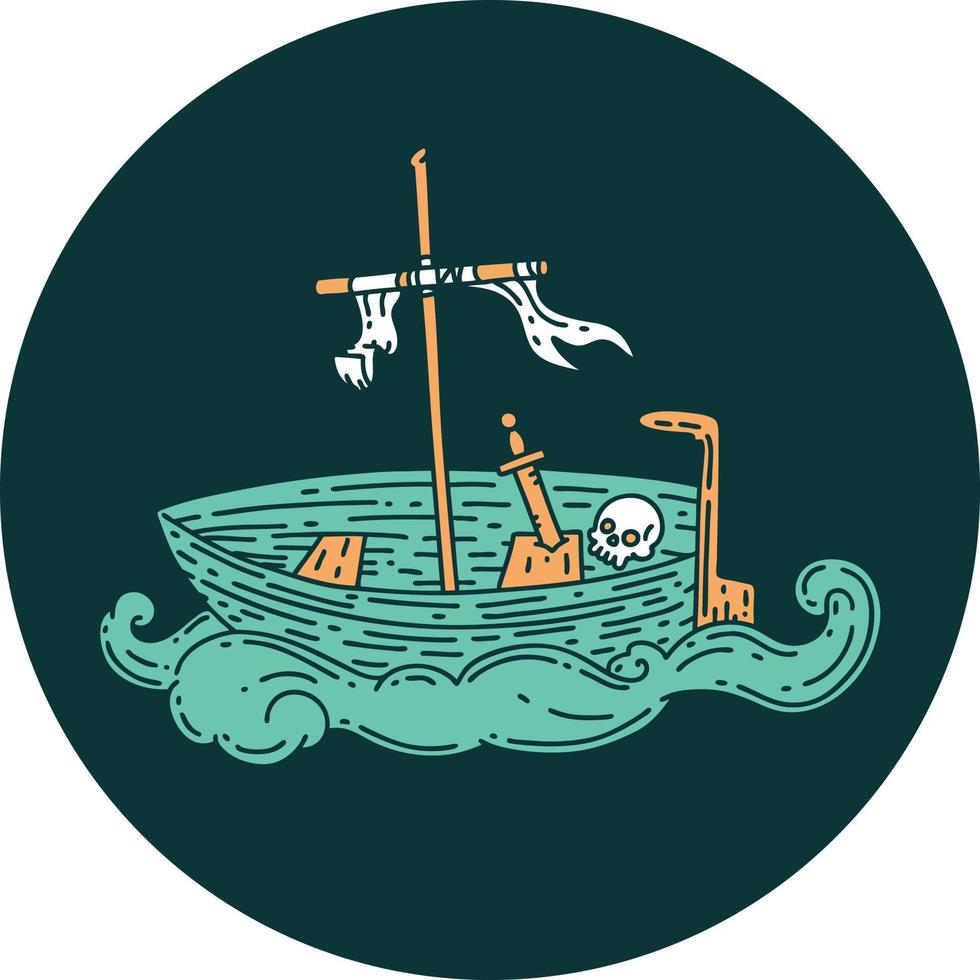 icon of tattoo style empty boat with skull vector