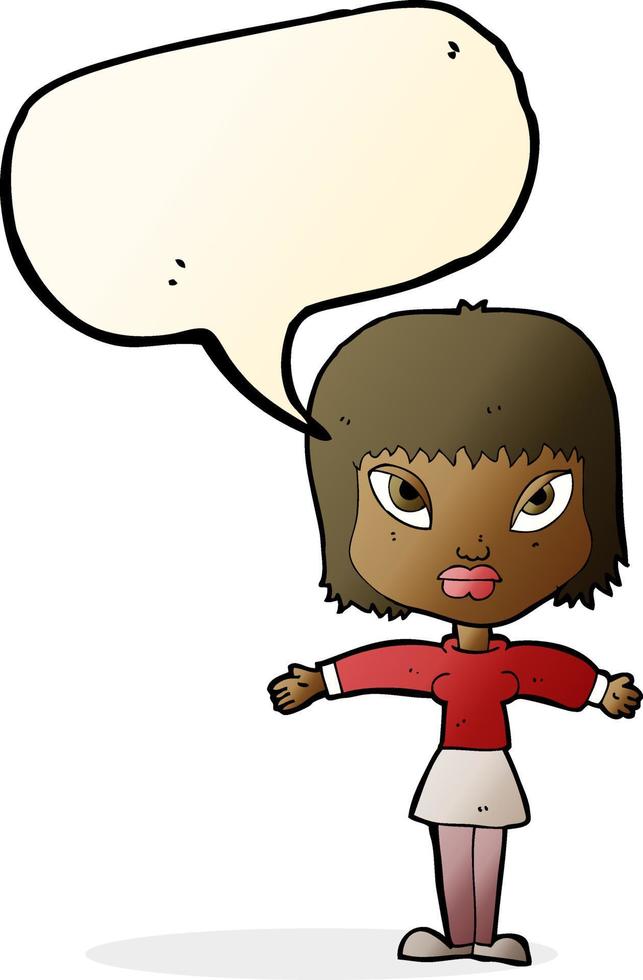cartoon woman with outstretched arms with speech bubble vector
