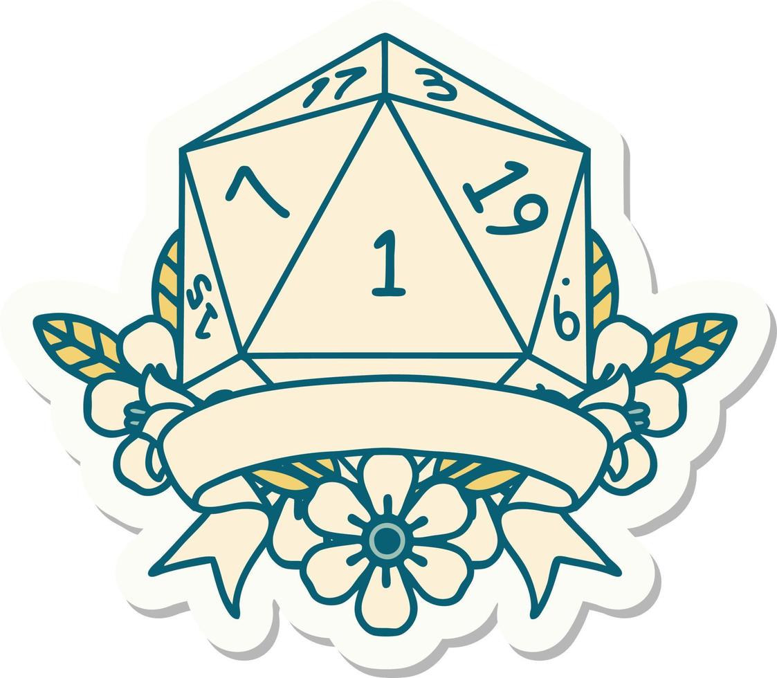 natural one d20 dice roll sticker vector