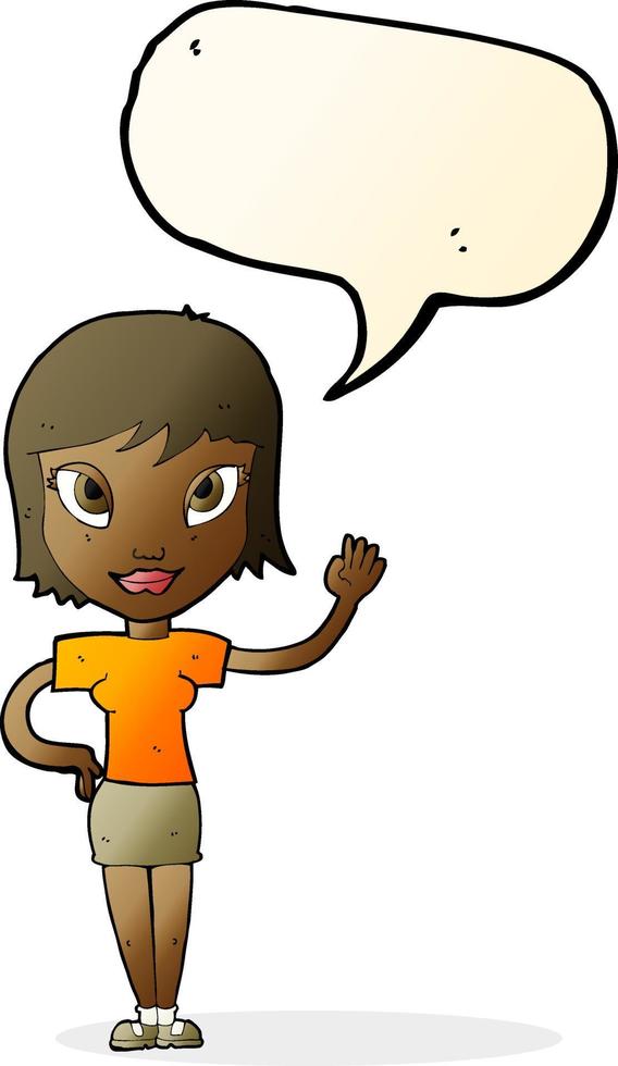 cartoon woman waving with speech bubble vector
