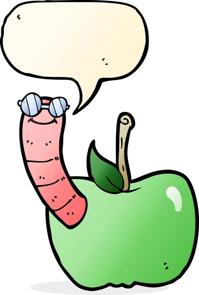 cartoon apple with worm with speech bubble vector