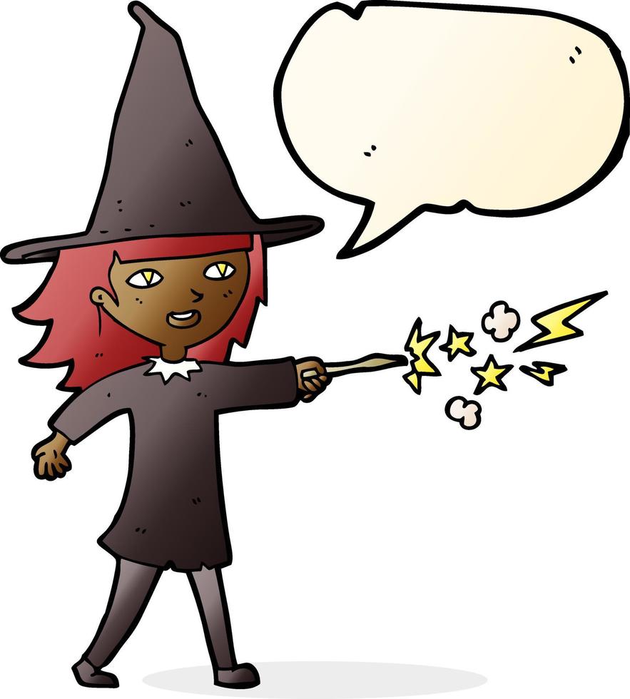 cartoon witch girl casting spell with speech bubble vector
