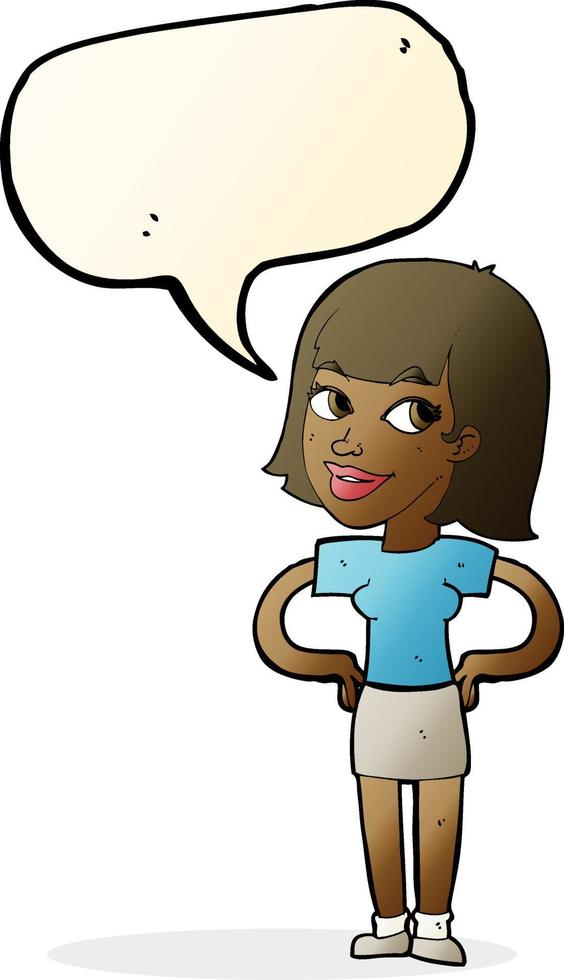 cartoon happy woman with hands on hips with speech bubble vector