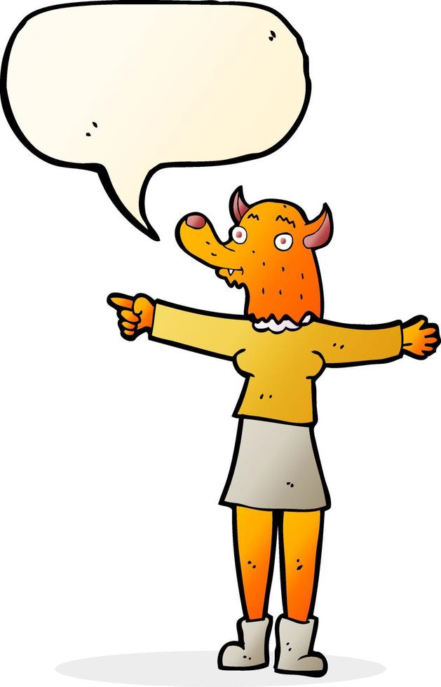 cartoon pointing fox woman with speech bubble vector