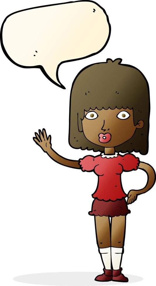 cartoon woman waving with speech bubble vector