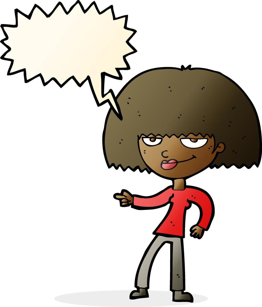 cartoon happy woman pointing with speech bubble vector