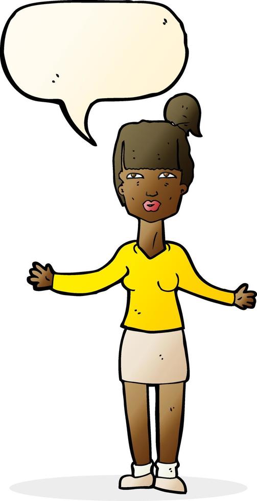 cartoon woman shrugging shoulders with speech bubble vector