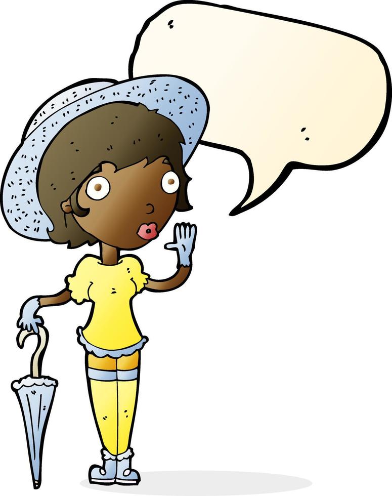 cartoon woman in summer hat waving with speech bubble vector