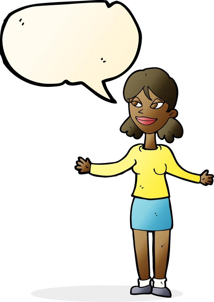 cartoon happy woman shrugging shoulders with speech bubble vector