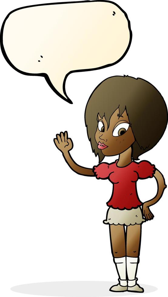 cartoon pretty woman waving with speech bubble vector