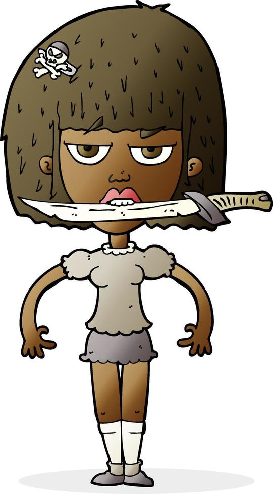 cartoon woman with knife between teeth vector
