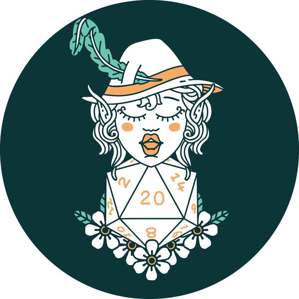 elf bard character with natural twenty dice roll icon vector