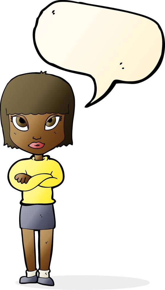 cartoon woman with crossed arms with speech bubble vector