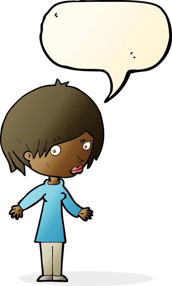 cartoon woman shrugging shoulders with speech bubble vector