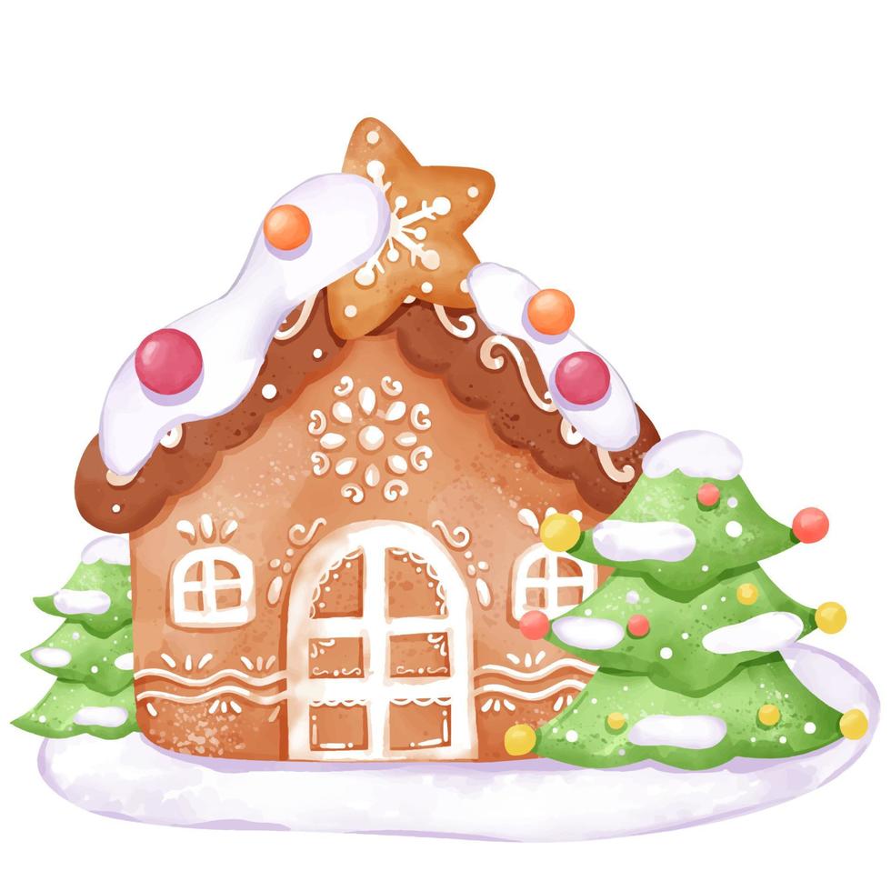 casa de pan de jengibre de navidad en acuarela vector