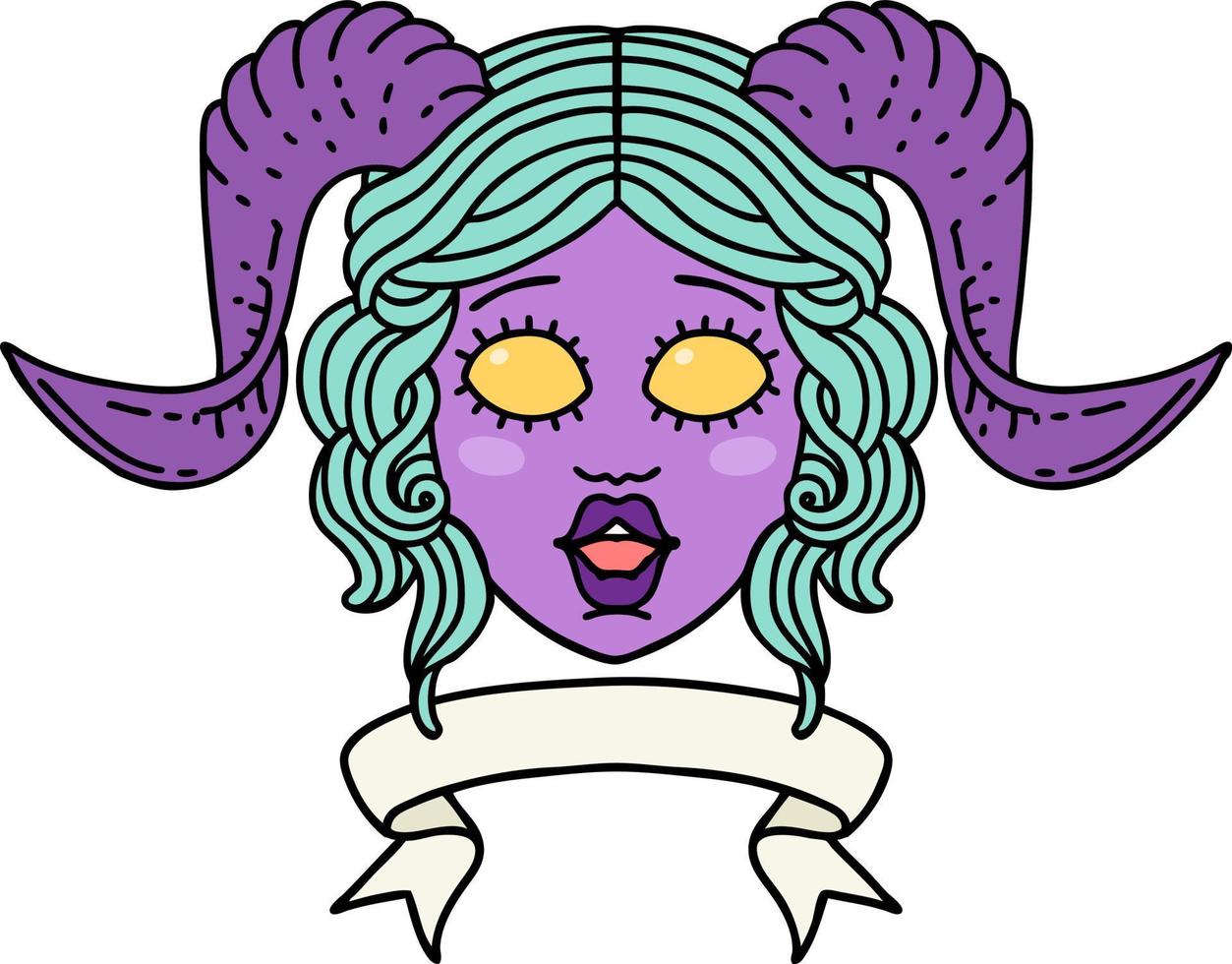 Retro Tattoo Style tiefling character face with scroll banner vector