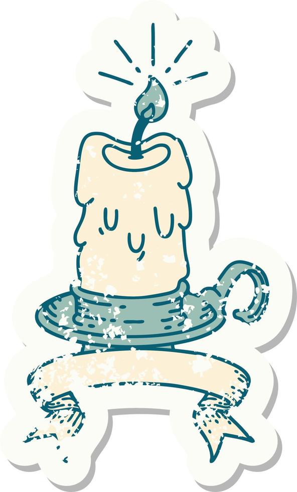 worn old sticker of a tattoo style spooky melting candle vector