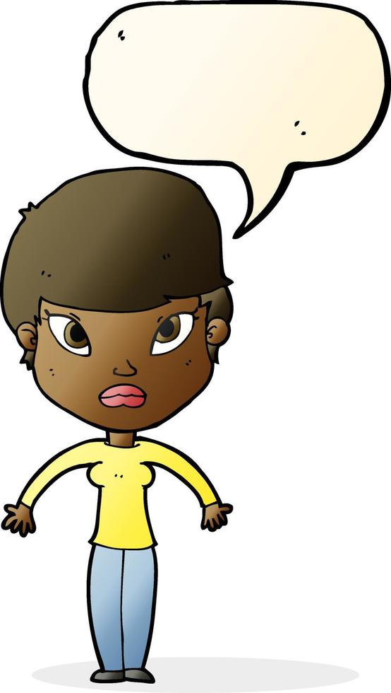 cartoon woman shrugging shoulders with speech bubble vector