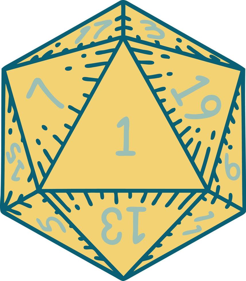 Retro Tattoo Style natural 1 D20 dice roll vector