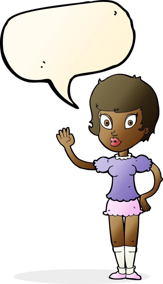 cartoon pretty girl waving with speech bubble vector