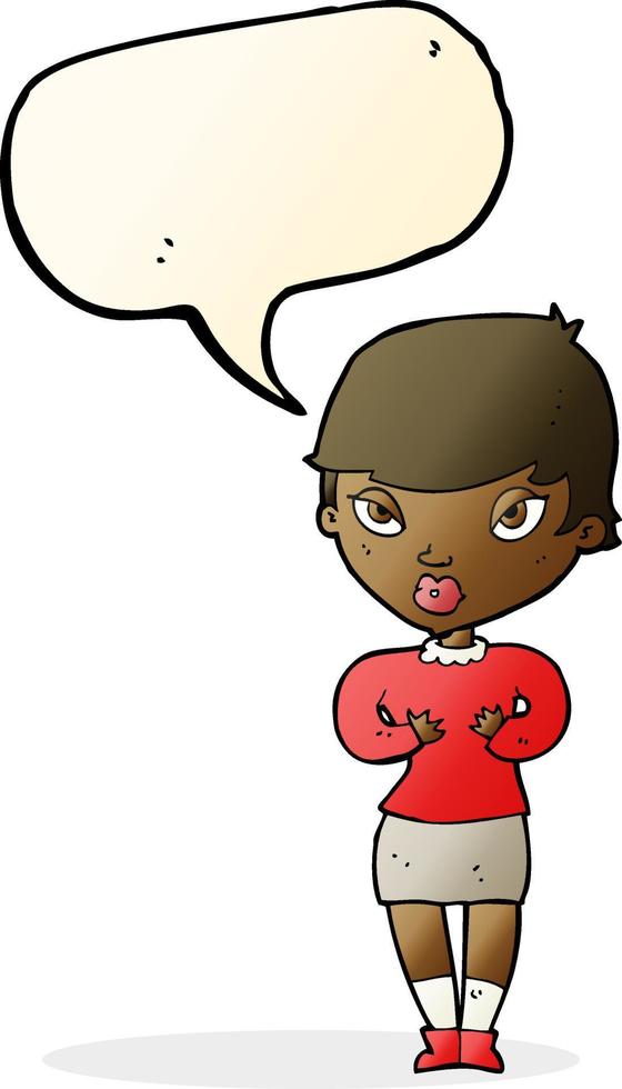 cartoon woman gesturing at self with speech bubble vector