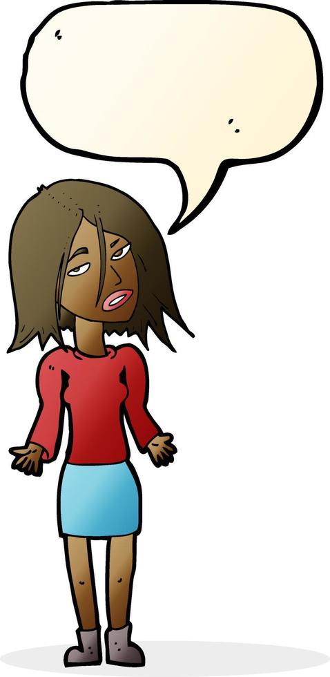 cartoon woman shrugging shoulders with speech bubble vector