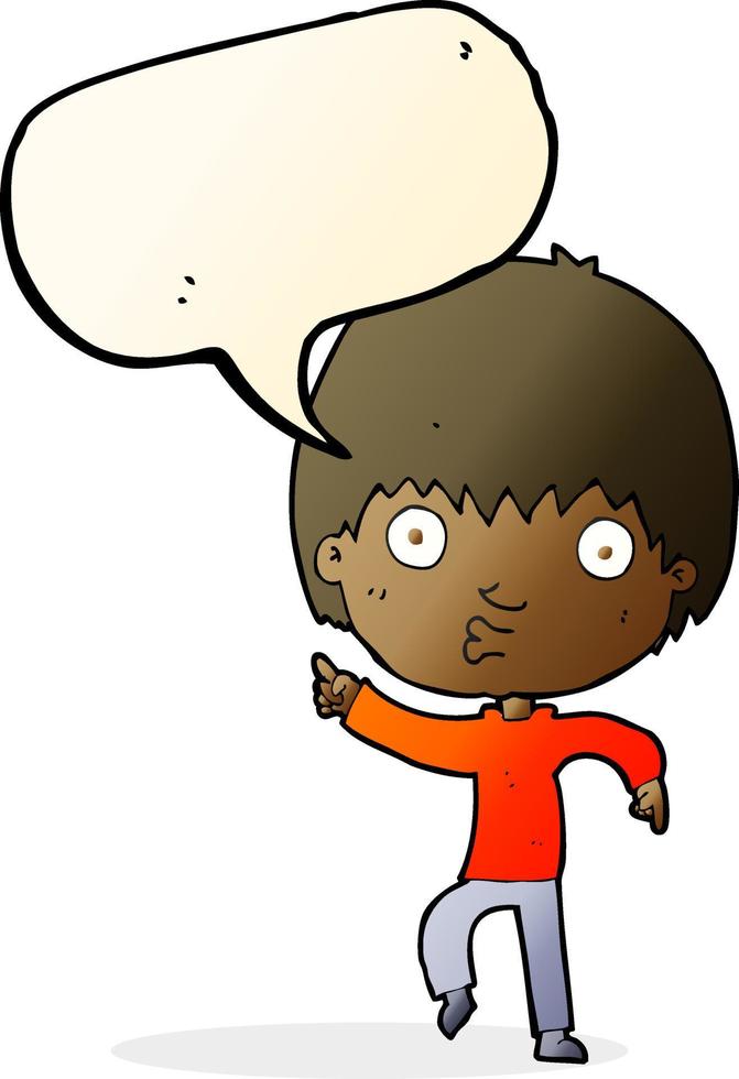 cartoon impressed boy pointing with speech bubble vector