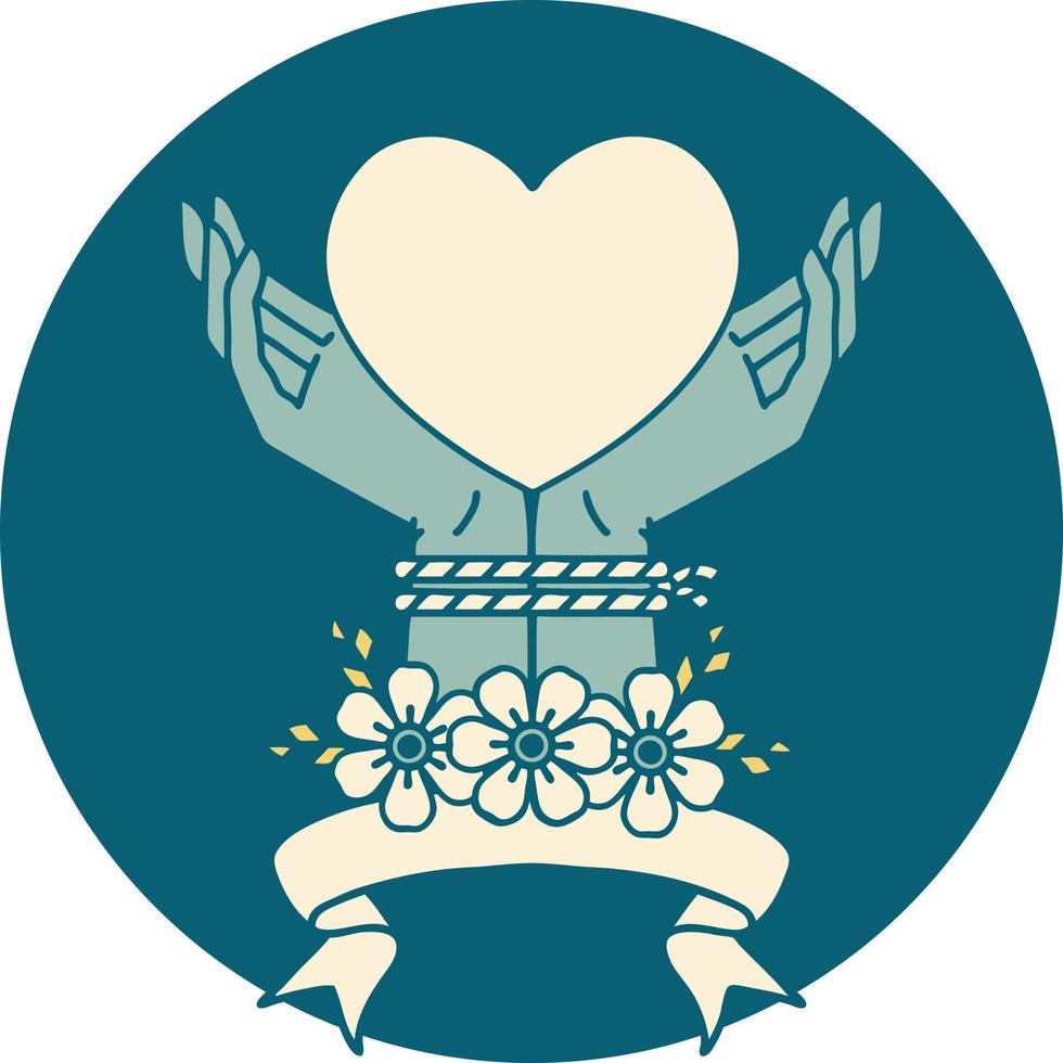 tattoo style icon with banner of tied hands and a heart vector