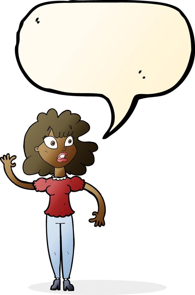 cartoon worried woman waving with speech bubble vector