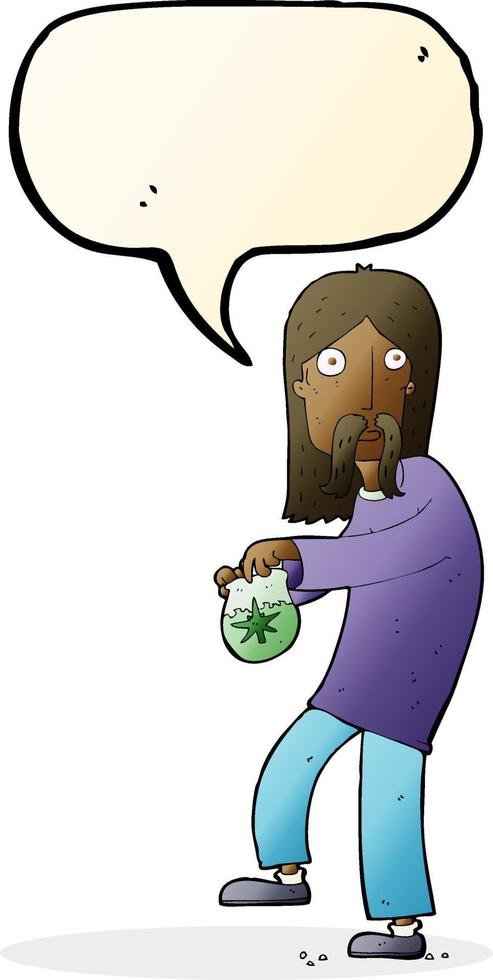 cartoon hippie man with bag of weed with speech bubble vector