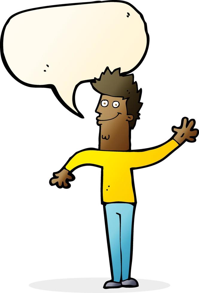 cartoon happy waving man with speech bubble vector