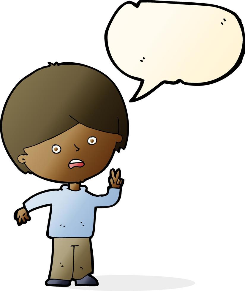 cartoon unhappy boy giving peace sign with speech bubble vector