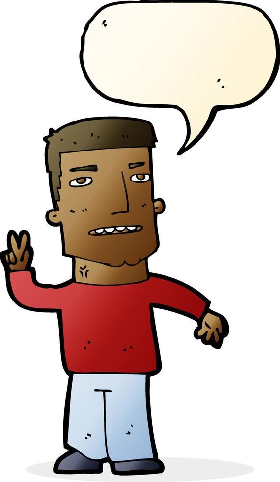 cartoon man giving peace sign with speech bubble vector