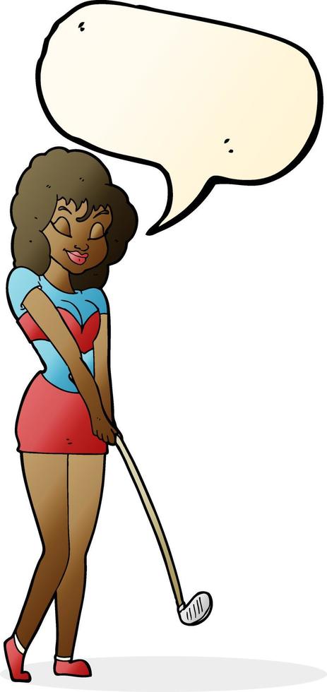 caricatura, mujer, juego, golf, con, burbuja del discurso vector