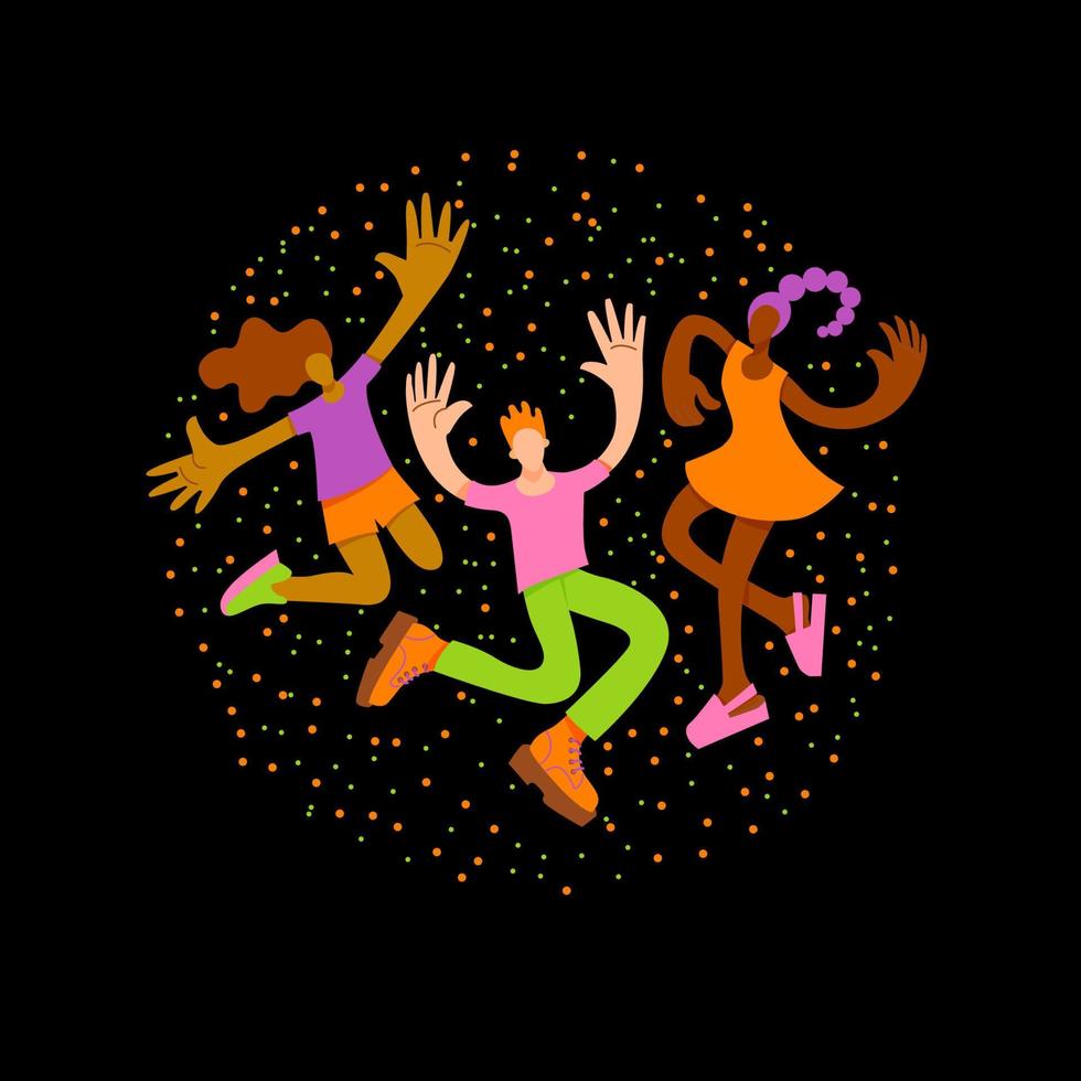 young girls and a guy of different skin colors jump and dance. Logo, poster, postcard for a music festival vector