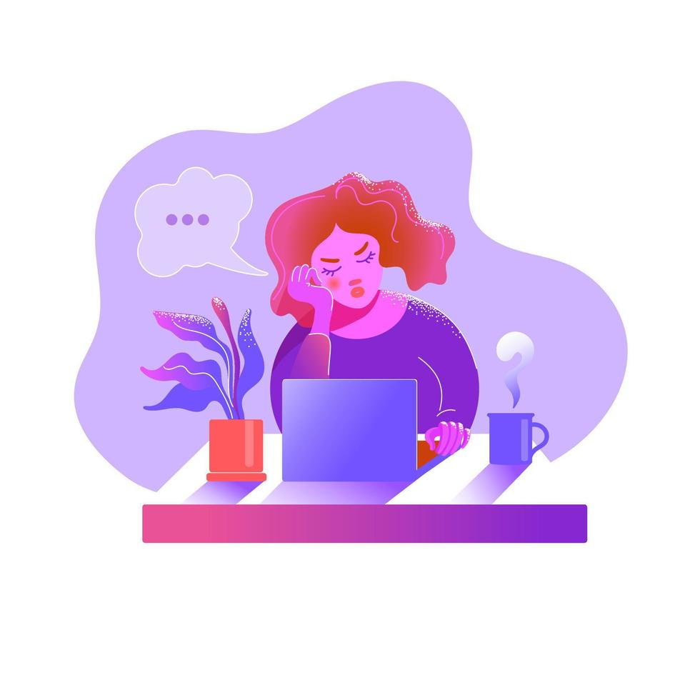 a girl with red hair sits at a table with a laptop, a mug and a pot with a flower. vector