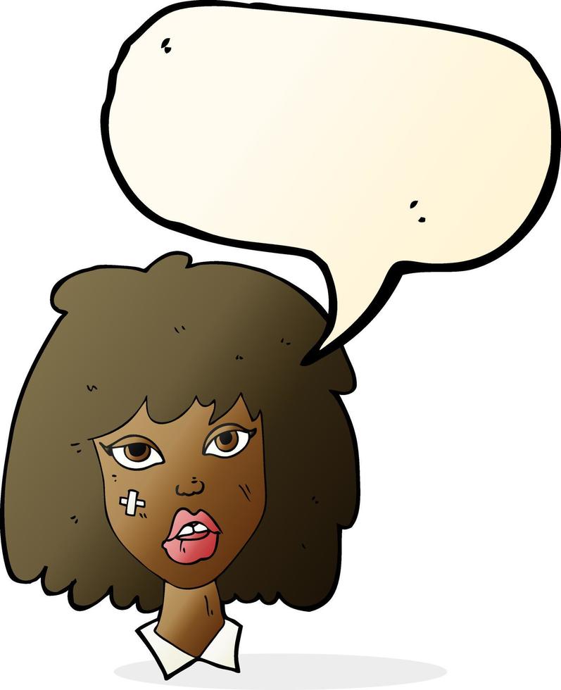 cartoon woman with bruised face with speech bubble vector